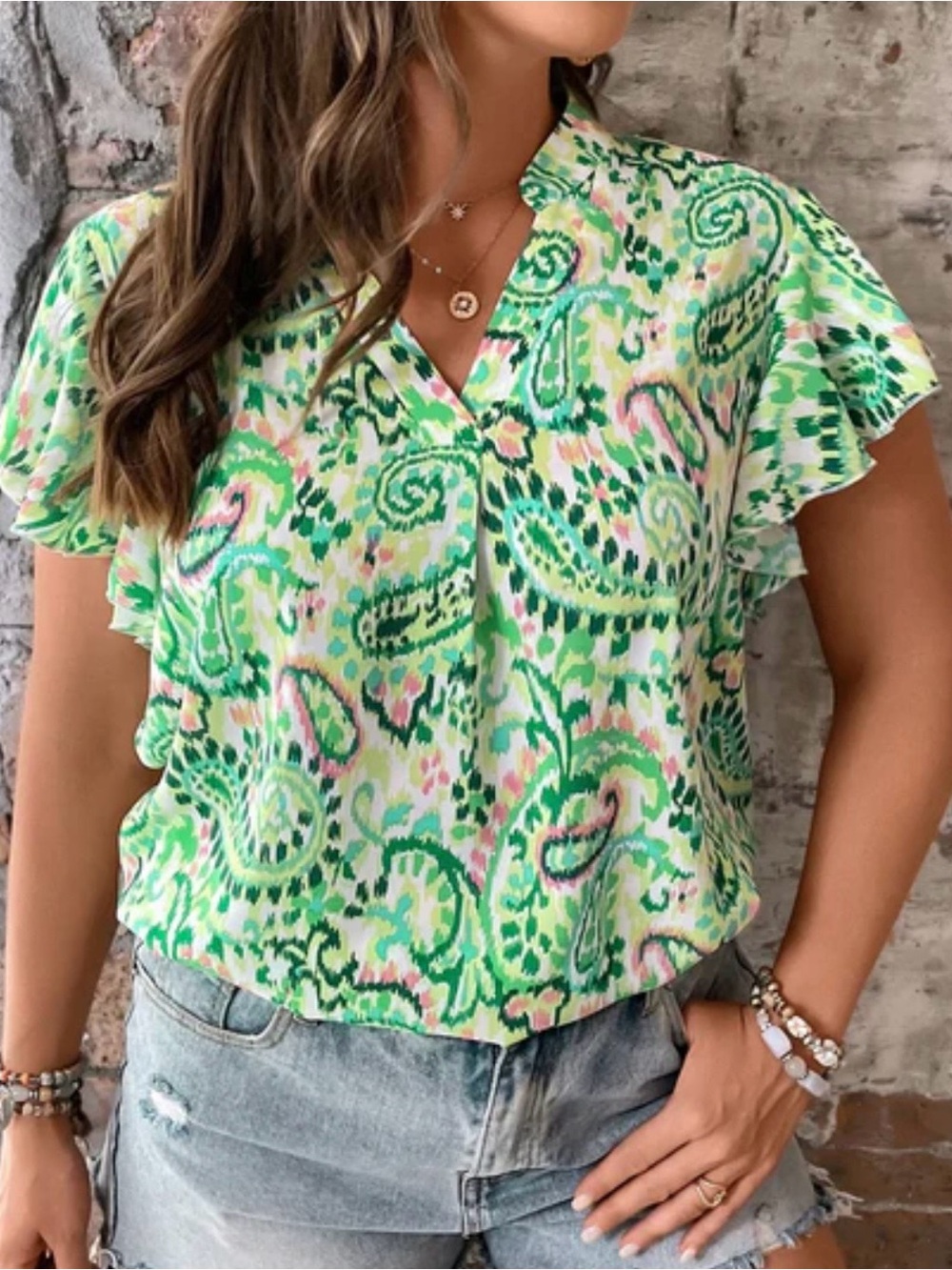 Boho Green Paisley Ruffle Sleeve Blouse